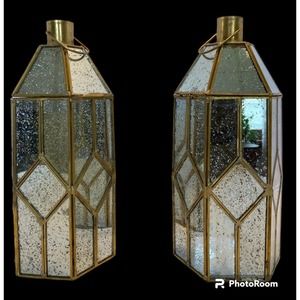 Pair Of Mercury Glass Lanterns 11” Mirrored Candle Holder Wedding Decor Gold